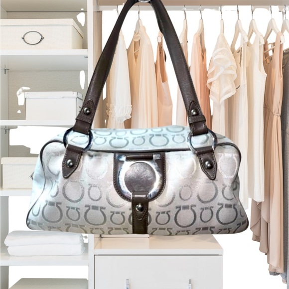 Salvatore Ferragamo AU-21 6841 Gray Signature Logo Canvas Satchel Leather - Picture 2 of 15